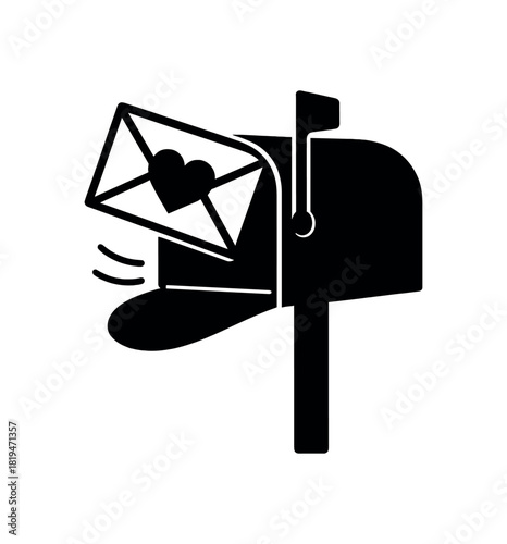 Mailbox with heart letter sticking black silhouette with flap and curve lines love delivery visual