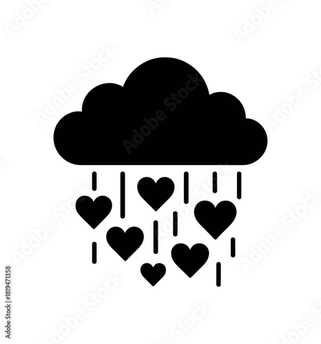 Cloud with falling hearts black silhouette with puff and drop lines love weather symbol