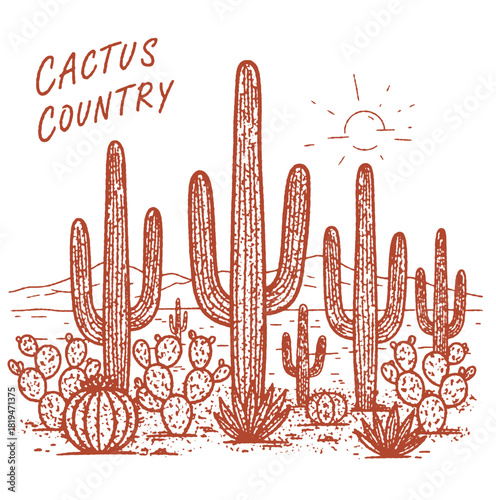 Vintage "Cactus Country" illustration. Retro desert landscape with saguaro, barrel, and prickly pear cacti. Hand-drawn nature vector for travel and apparel design.