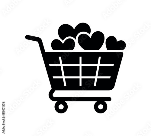Shopping cart with hearts inside black silhouette with wheel and icon lines romantic gift shopping