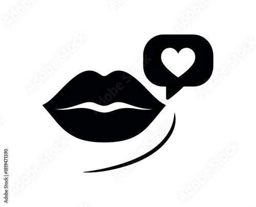 Lips with heart speech bubble black silhouette with curve and chat icon lines kiss or flirt visual