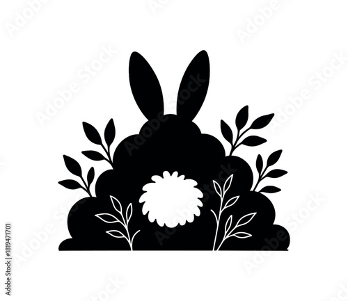 Bunny tail peeking from bush black silhouette with fluff and leaf lines humorous festive moment