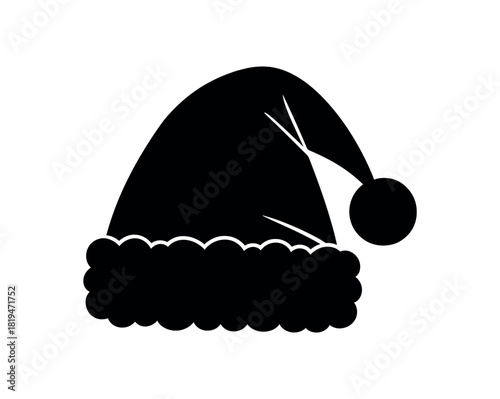 Santa hat with fluffy trim black silhouette with pompom and fold lines festive costume accessory