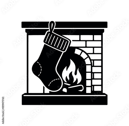 Stocking hanging from hook black silhouette with patch and cuff lines christmas fireplace detail