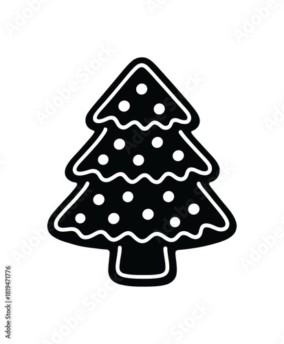 Gingerbread cookie tree shape black silhouette with icing and edge lines festive holiday dessert