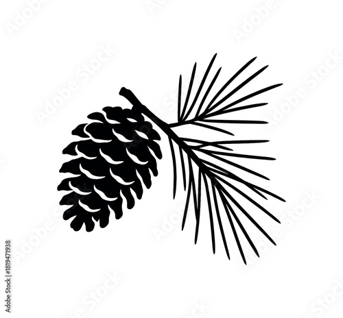 Pinecone with branch sprig black silhouette with scale and needle lines natural holiday decor
