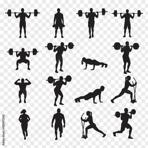 Silhouette collection of people doing fitness exercises at gym or park
