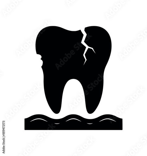 Tooth with bite mark black silhouette with crack and gum line accents spooky dental detail