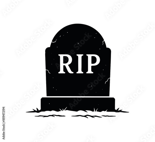 Tombstone with RIP letters black silhouette with chip and grave line details cemetery marker visual