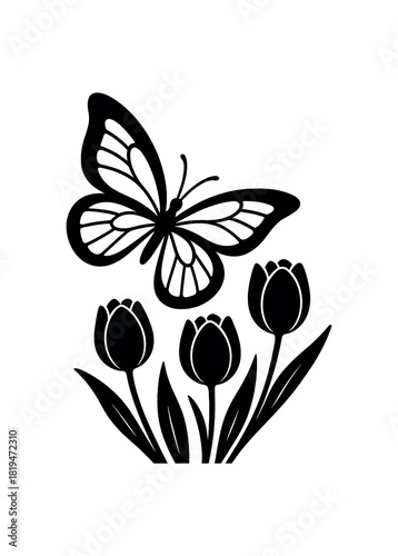 Butterfly over tulips black silhouette with wing and bloom lines spring and motherhood visual