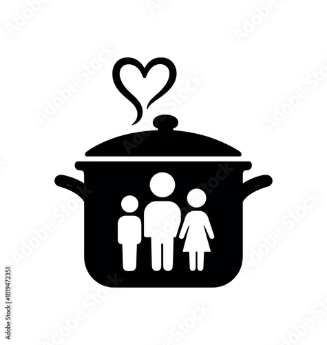Cooking pot with heart steam black silhouette with lid and curve lines nurturing family icon