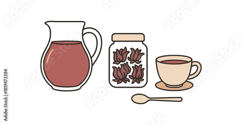 Flat vector egyptian hibiscus tea: glass jug dried hibiscus jar cup spoon coaster pastel palette clean outlines minimal centered isolated on white no logos