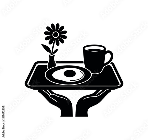 Tray with breakfast and flower black silhouette with dish and bloom lines caring gesture visual