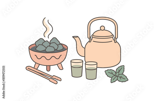 Flat vector desert camp tea: kettle charcoal brazier small glasses mint sprig tongs pastel palette clean outlines minimal centered isolated on white no logos