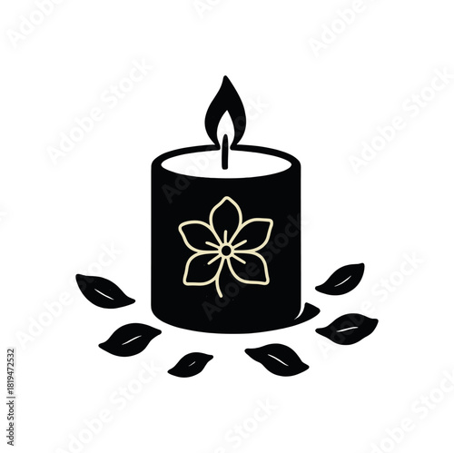 Spa candle with petals around black silhouette with flame and flower lines relaxing gift moment