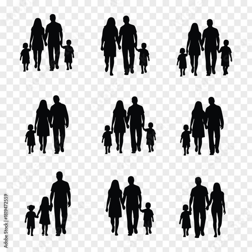 Silhouette family walking together vector art depicting love and unity