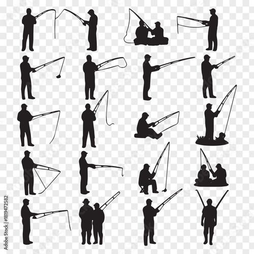 Silhouette collection of people fishing with rods isolated on background
