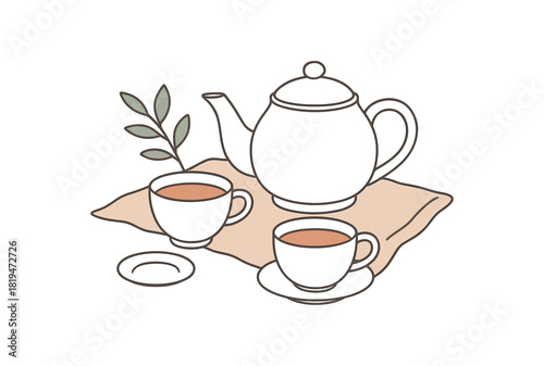 Flat vector minimalist tea moment: white teapot pair of cups small plate linen cloth sprig pastel palette clean outlines minimal centered isolated on white no logos