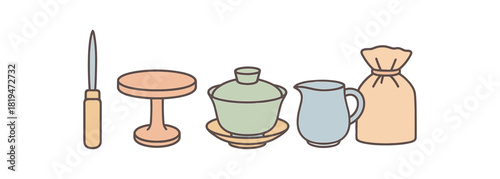 Flat vector pu erh tools: tea knife cake stand gaiwan fairness pitcher storage bag pastel palette clean outlines minimal centered isolated on white no logos