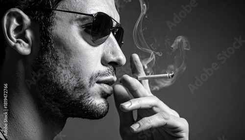 Man wearing sunglasses smokes cigarette, exhaling smoke in dramatic black and white portrait. image captures sense of mystery and intensity