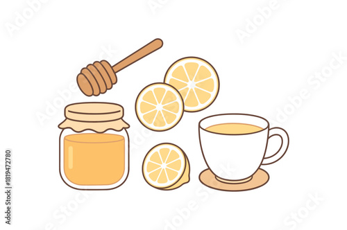Flat vector honey lemon side: honey jar dipper lemon slices porcelain cup coaster pastel palette clean outlines minimal centered isolated on white no logos