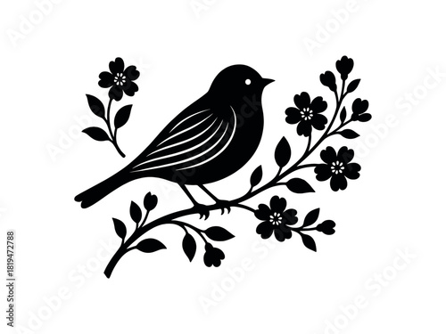 Bird with flower branch black silhouette with wing and curve lines springtime harmony detail