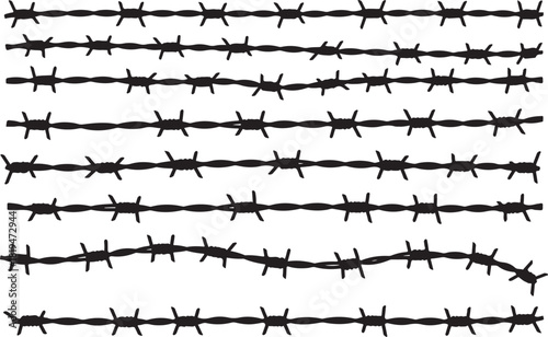 Barbed wire silhouette vector with sharp metal fence and isolated sky background