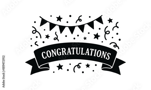 Banner with congratulations message black silhouette with fold and flag lines festive decor symbol