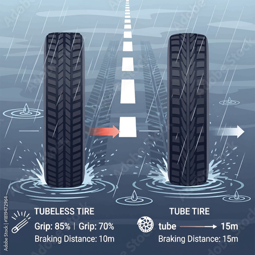 Comparison of tubeless and tube tires on a wet road, illustrating their grip and braking distance performance in rainy conditions.