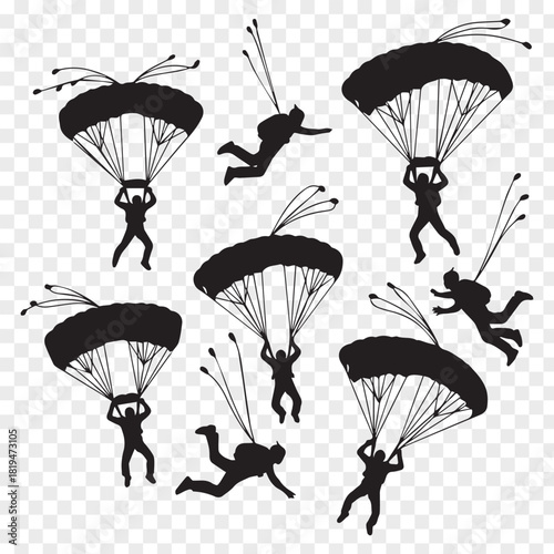 Silhouette of Skydivers Performing Acrobatic Jumps in the Sky Vector Illustration
