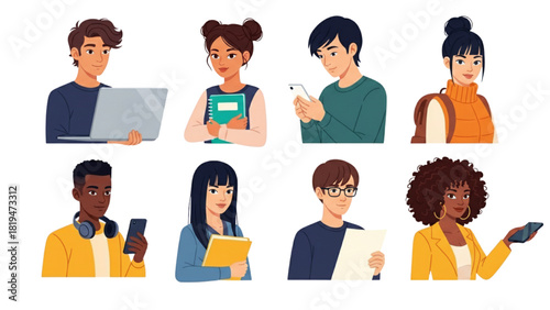 Diverse Young People Avatar Set Using Technology and Study Materials in Flat Cartoon Style