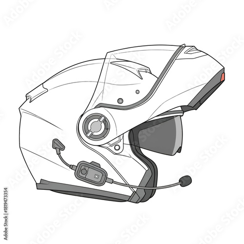 Line drawing of a modular motorcycle helmet with an attached communication system and microphone, viewed from the side.