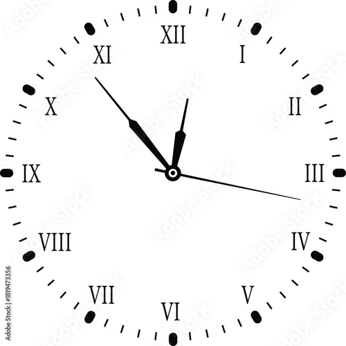 Elegant Roman numeral wall clock illustration showcasing classic timekeeping. Minimal black-and-white design ideal for and education. Clean vintage style for timeless visuals.