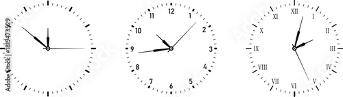 Elegant analog clock set featuring three classic dials. Clean minimalist faces highlight precise black hands. Timeless design perfect for education, and time-related themes.