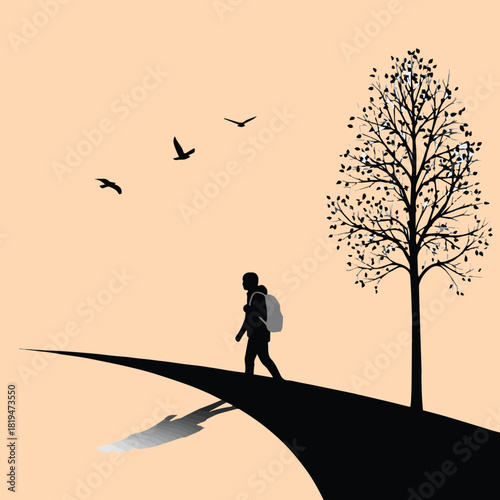 Silhouette of traveler on path with tree and birds illustration vector