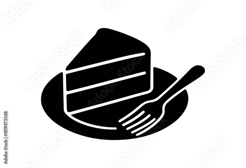 Slice of cake on plate black silhouette with layer and fork lines served dessert moment