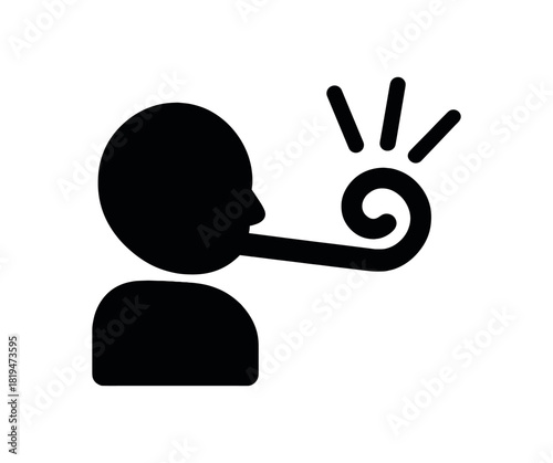 Blowing party horn with curl black silhouette with loop and burst lines festive noise maker icon