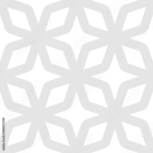 Vector seamless pattern with oriental geometric leaf and floral star shapes. Minimal texture with simple grid, diamond forms, line rhombus. Subtle gray background. Repeated design for decor, textile