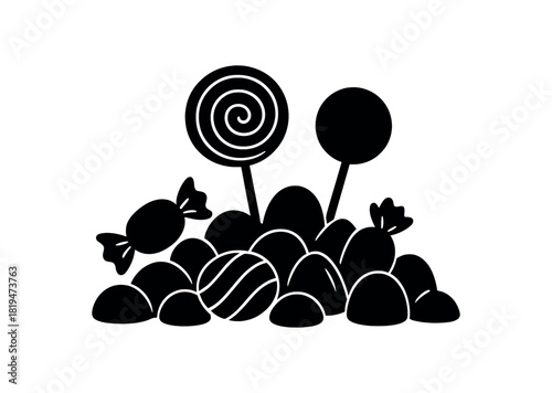 Candies and lollipops pile black silhouette with swirl and wrap lines sweet treat collection