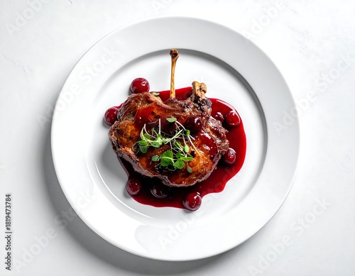 Roasted duck leg on plate with cherry sauce, studio shot