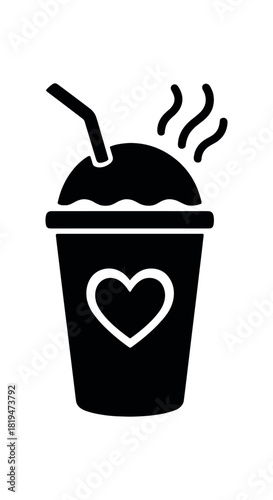 Beverage cup with straw and heart black silhouette with lid and curve lines festive drink symbol