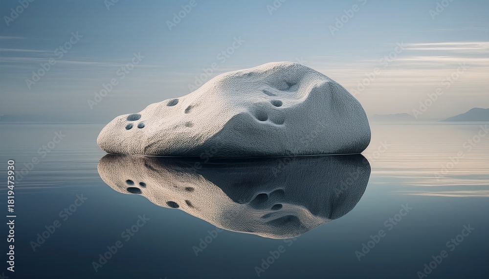Naklejka premium a light grey porous rock floats on a calm reflective surface its mirrored image subtly distorted