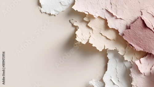 Beige background with artistic torn paper edges in varying shades creating a layered and textured effect