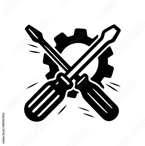 Screwdriver and gear combo black silhouette with edge and motion lines hardworking dad icon