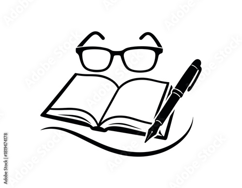 Glasses with book and pen black silhouette with curve and fold lines intellectual father moment