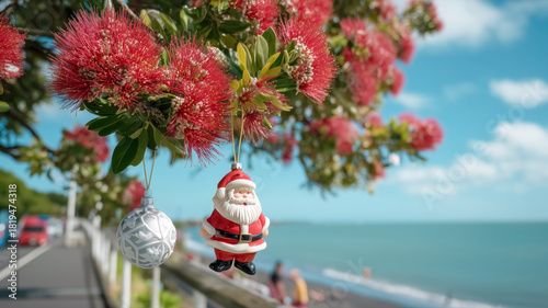 Blooming pohutukawa tree (Metrosideros excelsa) decorated with Christmas tree ball and Santa Claus toy on the beach against blue sky on a sunny day. Iconic New Zealand's native tree.
