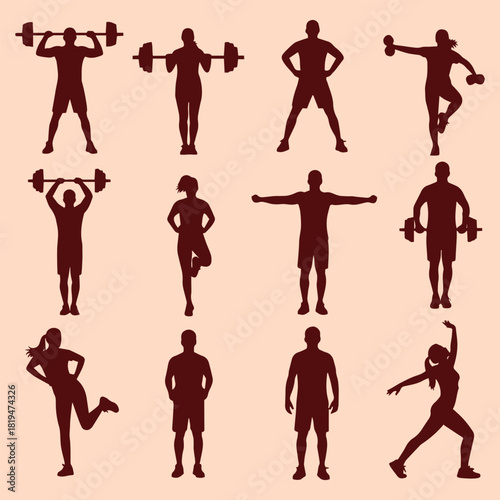 Silhouettes of men and women performing various fitness exercises routine