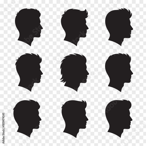 Silhouettes of diverse male heads with various haircuts on transparent background