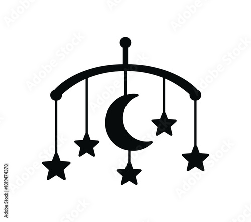 Crib mobile with stars and moon black silhouette with hanging and curve lines nursery decor element