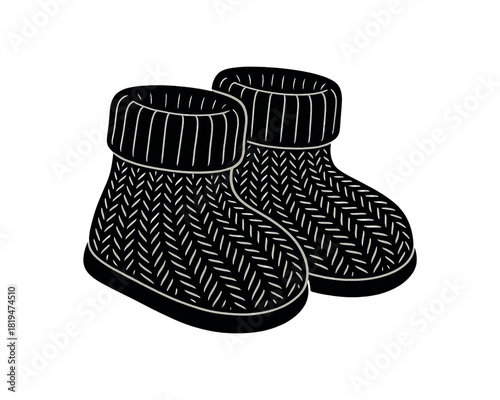 Baby booties with cuffs black silhouette with knit and sole lines warm newborn footwear visual